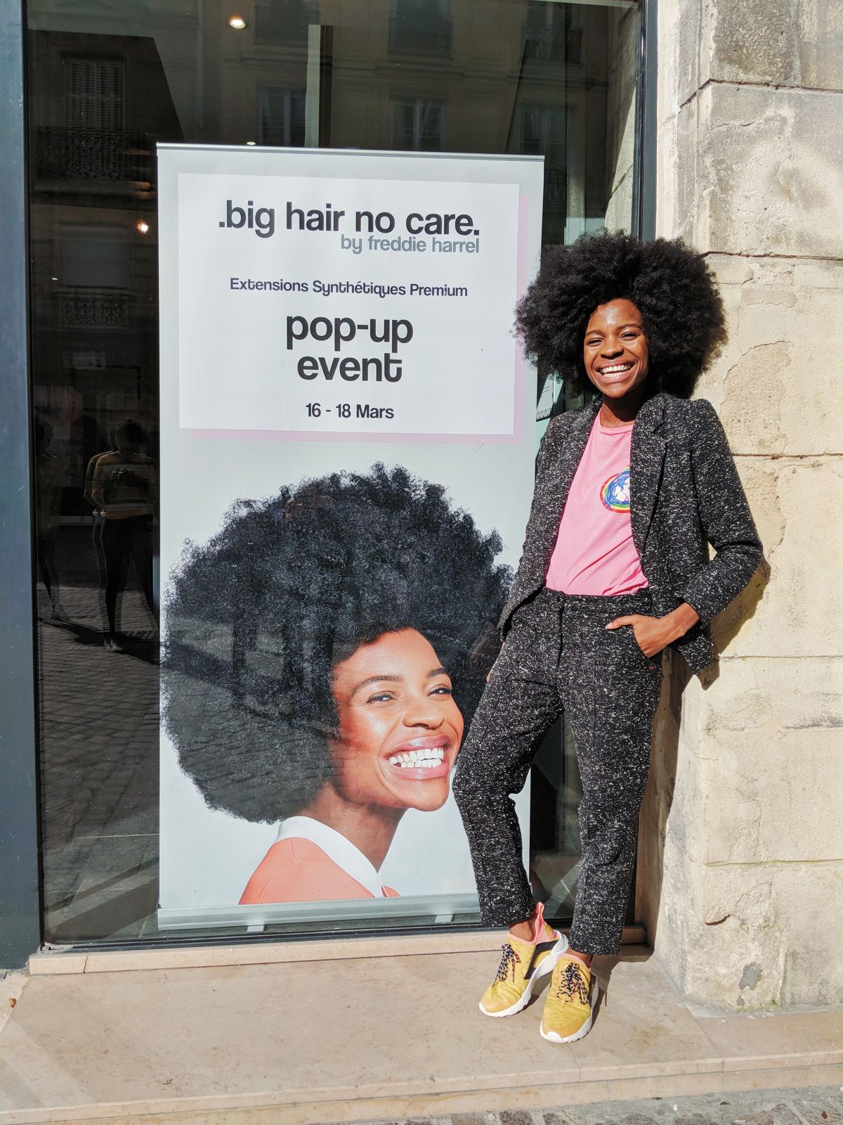 Freddie outside the Big Hair No Care pop-up in Paris